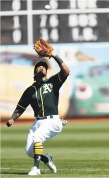  ?? Carlos Avila Gonzalez / The Chronicle ?? Khris Davis, who had a rough time tracking two other flyballs, settles under Kole Calhoun’s foul ball in the second.