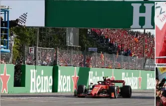  ??  ?? Après  tours en apnée, Jean Alesi brandit le drapeau à damier devant la Ferrari n°. Charles Leclerc exulte. Toute l’Italie aussi... (Photos Georges Decoster et EPA/MAXPPP)