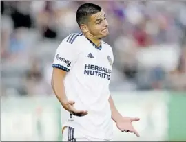  ?? David Zalubowski Associated Press ?? DEJAN JOVELJIC shrugs during the Galaxy’s loss to Colorado on July 16. L.A.’s slide has produced groundswel­l from fans for the ouster of President Chris Klein.