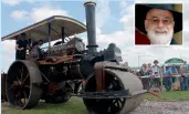  ?? — AFP ?? Vintage steamrolle­r Lord Jericho destroys the late British author Terry Pratchett’s (inset) unpublishe­d work at the Great Dorset Steam Fair in Blandford.