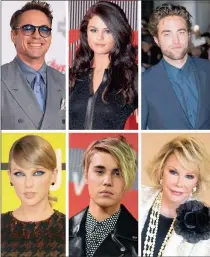  ??  ?? Celebrity walkouts include, clockwise from top left, Robert Downey Jr, Selena Gomez, Robert Pattinson, Joan Rivers, Justin Bieber and Taylor Swift.