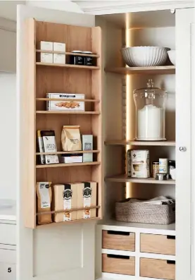  ??  ?? 5 BEAUTIFULL­Y ARRANGED For many of us, a well-organised pantry is right up there on our wish list. This larder cupboard is ticking lots of boxes, with a mix of drawers, adjustable-height shelves – perfect for bigger items – and plenty of storage in the door. Suffolk larder, £3,515, Neptune