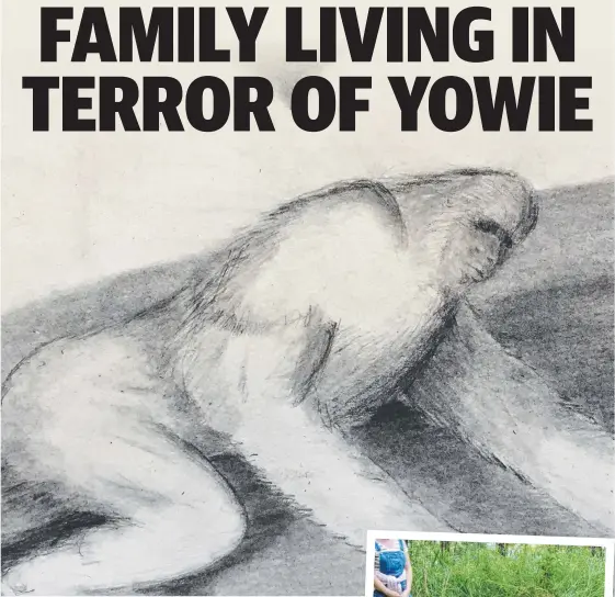  ?? Picture: AUSTRALIAN YOWIE RESERACH ?? An artist’s impression of the hinterland yowie from a recent sighting and (inset right) potential evidence of a Currumbin sighting in 2007 and (bottom) footprint found at Mt French along the Scenic Rim.