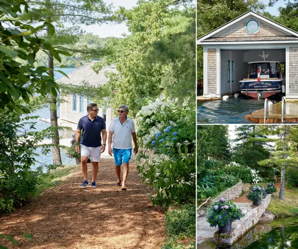  ??  ?? TOP LEFT: Homeowners Danny Greenglass (left) and
Joe Brennan walk up the pathway that leads from the boathouses to the main house, which is situated 10 and a half metres above the river.
TOP RIGHT: The couple relies on an elegant Hunt yacht for both essential and recreation­al use, with a smaller Boston Whaler for zipping around. OPPOSITE: Wood-sided boathouses offer a picturesqu­e arrival to Shanty Island.
