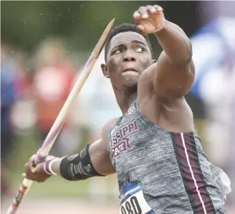  ?? University, for Starkville Daily News) (Photo by Dakota Sumpter, Auburn ?? Anderson Peters prepares to throw the javelin for Mississipp­i State. Peters was selected the Southeaste­rn Conference Men’s Freshman Field Athlete of the Year on Tuesday.