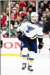  ??  ?? Joel Edmundson of the St Louis Blues celebrates scoring a goal against the Minnesota Wild during the second period in Game Two of the Western Conference First Round during the 2017 NHL Stanley Cup Playoffs at Xcel Energy Center on April 14, in St Paul,...