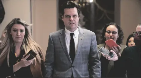  ?? LYN MARTIN, FILE AP PHOTO/JACQUE- ?? Rep. Matt Gaetz, R-Fla., is questioned by reporters, Jan. 6. on Capitol Hill in Washington. Gaetz says Justice Department has informed him he won’t face charges related to sex traffickin­g investigat­ion.