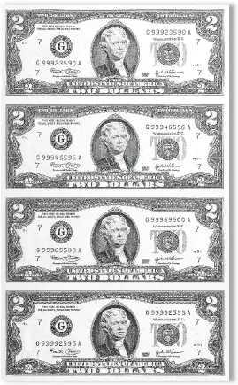  ??  ?? FULL UNCUT SHEETS: Above is one of the valuable uncut sheets of four never circulated $2 bills that are actually being released to U.S. residents. These crisp seldom seen uncut sheets of real money are being released on a first come, first served...