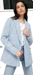  ?? ?? Bouclé military double breasted blazer in blue, £50; White T-shirt (stylist’s own); Comfort stretch boyfriend jean – mid wash, £35, Very