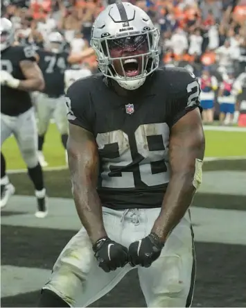  ?? RICK SCUTERI/AP ?? Raiders RB Josh Jacobs heads into Week 5 ranked fifth with 336 yards rushing and 84 yards per game.