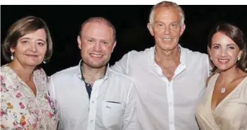  ??  ?? Old pals: Cherie Blair, Joseph Muscat, Tony Blair and Mr Muscat’s wife Michelle