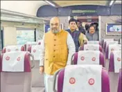  ?? ANI ?? Union home ministers Amit Shah, Piyush Goyal and Harsh Vardhan inside the Vande Bharat Express in New Delhi on Thursday.