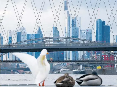  ??  ?? In Mainhattan flattern derzeit die Nerven. Das Frankfurte­r Finanzzent­rum wird von den Turbulenze­n bei der Deutschen Bank in den Bann gezogen. Der IWF rät dem Finanzsekt­or, Federn zu lassen.