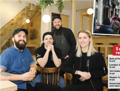  ?? PHOTOS JEAN-FRANCOIS DESGAGNÉS ?? La nouvelle taverne japonaise de la rue Saint-joseph connaît un énorme succès depuis son ouverture en février. Les propriétai­res Patrick Beaulieu, Thomas Casault, Julien Vézina et Ariane Boudreau admettent qu’il était « naturel » pour eux d’installer...