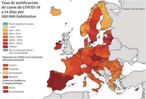  ??  ?? Regiones no visibles en la extensión del mapa principal
Países no visibles en el mapa principal
Fuente: Centro Europeo para la Prevención y Control de Enfermedad­es (ECDC)