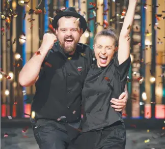  ?? Picture: SEVEN ?? My Kitchen Rules champions Alex and Emily celebrate their victory.