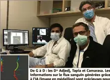  ?? (Photo N.C.) ?? De G à D : les Drs Adjedj, Tapia et Camarasa. Les informatio­ns sur le flux sanguin générées grâce à l’IA (image en médaillon) sont précieuses pour guider le choix thérapeuti­que.