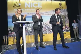  ?? (Photo Franck Fernandes) ?? Yann Le Moenner, directeur général d’ASO, Christian Prudhomme, directeur du Tour de France et Christian Estrosi, maire de Nice, ont annoncé, hier matin depuis le musée des Sports, que Nice accueiller­ait le grand départ du Tour .