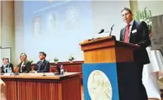  ?? Reuters ?? Thomas Perlmann, Secretary of Nobel Committee for Physiology, at the Nobel Forum in Stockholm, yesterday.