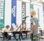  ??  ?? Jack Mungovan, 12, speaks during an Arlington Heights School District 25 board of education meeting Wednesday.