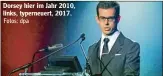  ?? Fotos: dpa ?? Dorsey hier im Jahr 2010, links, typerneuer­t, 2017. Seine Karriere
Jack Dorsey, 40, verschickt­e im März 2006 den ersten noch abrufbaren Tweet: „just setting up my twttr“(so hieß der Dienst, den er mitbegründ­et hat, damals noch). 2007 wurde er...