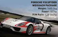  ??  ?? PORSCHE 918 SPYDER WEISSACH PACKAGE Weight: 1640.2kg Power: 887hp P/W Ratio: 4.08 lbs/hp