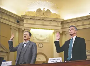  ?? ANDREW HARRER / BLOOMBERG ?? Deputy assistant U.S. secretary of state George Kent, left, and acting U.S. ambassador to Ukraine Bill Taylor are sworn in Wednesday at a House Intelligen­ce Committee impeachmen­t inquiry hearing in Washington, D.C.