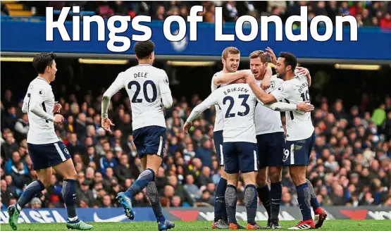  ??  ?? Unbridled joy: Tottenham’s Christian Eriksen (no. 23) celebratin­g after scoring a goal in the Premier League match against Chelsea at Stamford Bridge on Sunday. — AFP