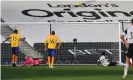  ?? Photograph: Julian Finney/EPA ?? The ball balloons over the Everton bar after Ivan Cavaleiro’s slip.