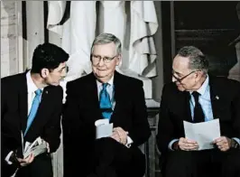  ?? MARK WILSON/GETTY ?? House Speaker Paul Ryan, from left, Senate Majority Leader Mitch McConnell and Senate Minority Leader Chuck Schumer will be key to any immigratio­n legislatio­n in Congress.