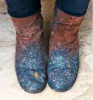  ??  ?? Jemma’s working boots are a testament to her colourful marbling technique.
