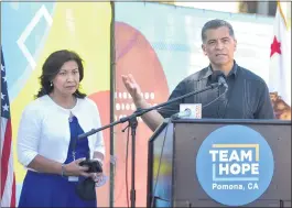  ?? WILL LESTER — STAFF PHOTOGRAPH­ER ?? U.S. Department of Health and Human Services Secretary Xavier Becerra speaks as Rep. Norma Torres, D-Pomona, listens in during a news conference after visiting the temporary shelter for unaccompan­ied immigrant children Friday at Fairplex in Pomona.