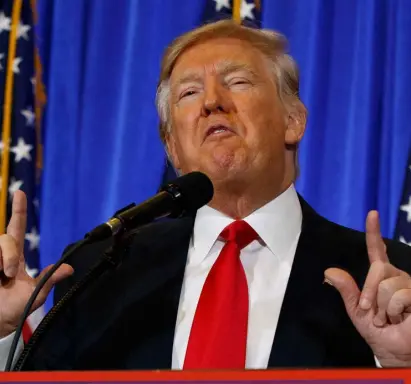  ??  ?? GOOD TO BE THE KING: Donald Trump at his news conference in the Trump Tower lobby. Photo: Evan Vucci