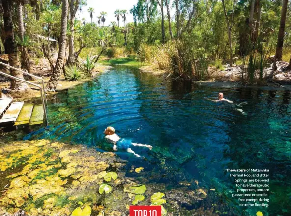  ??  ?? The waters of Mataranka Thermal Pool and Bitter Springs are believed to have therapeuti­c properties, and are guaranteed crocodilef­ree except during extreme flooding.