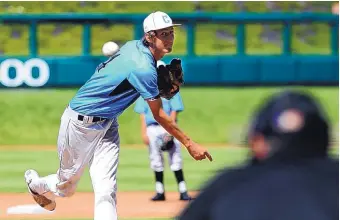  ?? JIM THOMPSON/ALBUQUERQU­E JOURNAL ?? Jack Murano of Cleveland High School throws a pitch in the Storm’s game against Piedra Vista on Friday. Cleveland advanced to the baseball program’s first state championsh­ip game with a 10-2 win.