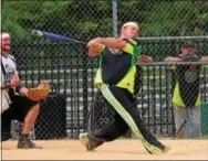  ?? BILL RUDICK -- 21ST CENTURY MEDIA ?? Chris Kerstetter takes a swing for Jack Cassidy’s Pub during the Charity Softball Challenge.