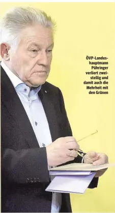  ??  ?? ÖVP-Landeshaup­tmann
Pühringer verliert zwei
stellig und damit auch die Mehrheit mit
den Grünen