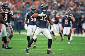  ?? [MIKE MCGINNIS/THE ASSOCIATED PRESS] ?? The Bears’ Khalil Mack celebrates against the Buccaneers on Sunday in Chicago. The Bears won 48-10 to move to 3-1.