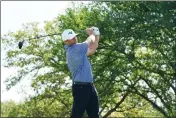  ?? ALEX BIERENS DE HAAN — GETTY IMAGES ?? Former Chico State standout Brandon Harkins plays his shot from the 18th tee during the second round of the Veritex Bank Championsh­ip on April 14 in Arlington, Texas.