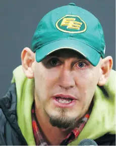  ?? JIM WELLS ?? An emotional Edmonton Eskimos head coach Jason Maas addresses the media following Sunday’s 32-28 loss to the Calgary Stampeders in the West final at McMahon Stadium.