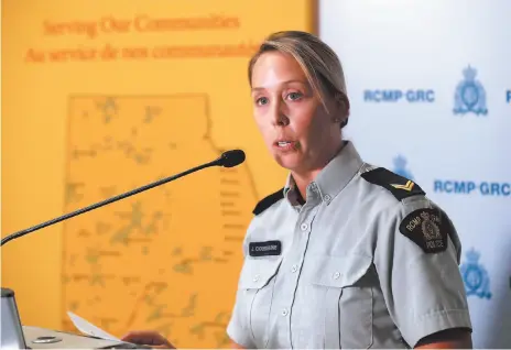  ?? CP PHOTO ?? RCMP Cpl. Julie Courchaine speaks to reporters Friday in Winnipeg about the ongoing RCMP search in Gillam, Man., for B.C. murder suspects Bryer Schmegelsk­y and Kam McLeod.