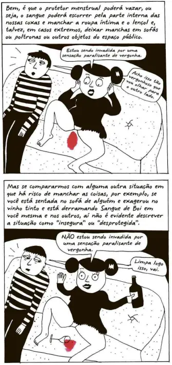  ?? Fotos Reprodução ?? Quadrinhos selecionad­os do livro “A Origem do Mundo”; à esq. cena sobre menstruaçã­o; à dir. tirinha que critica folheto da Nasa