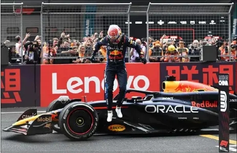  ?? Photo: AFP ?? Max Verstappen celebrates his win at the Chinese Grand Prix in Shanghai last Sunday (Apr 21).