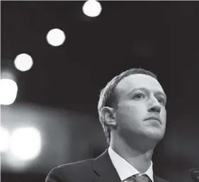  ?? TOM BRENNER/THE NEW YORK TIMES ?? Mark Zuckerberg, chief executive of Facebook, is shown during his testimony at a Senate hearing in Washington.