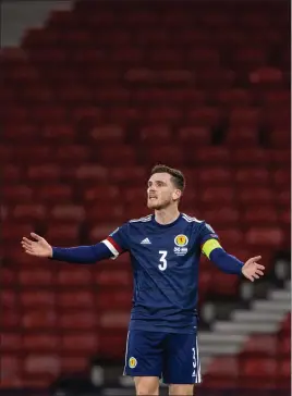  ??  ?? Captain Andy Robertson during Scotland’s play-off against Israel at an empty Hampden. Hopefully fans will be back soon