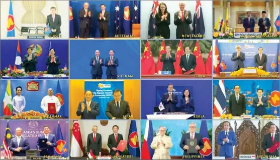  ?? VIETNAM NEWS AGENCY / AP ?? The leaders and trade ministers of the 15 nations that signed the Regional Comprehens­ive Economic Partnershi­p pose for a virtual group photo during a videoconfe­rence hosted by Vietnam on Nov 15.