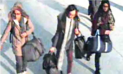  ??  ?? Leaving: From left, Amira Abase, Kadiza Sultana and Shamima Begum at Gatwick in February 2015