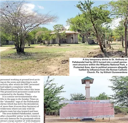  ??  ?? A tiny temporary shrine to St. Anthony at Pallekanda­l had by 2013 turned into a small permanent structure within the Wilpattu National Park, a Protected Area, due to political pressure allegedly fuelled by influence from the Roman Catholic Church. Pix...
