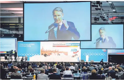  ?? FOTO: KAY NIETFELD/DPA ?? Björn Höcke bei einem seiner Interventi­onen beim AfD-Parteitag in der Dresdner Messehalle.