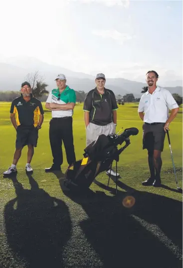  ?? Picture: STEWART McLEAN ?? FIERCE RIVALRY: Rob Riggall (Gordonvale Golf Club), Colin Hardings (Cairns), Jake Perkins (Southern Districts) and Matt Velicki (Paradise Palms) are ready for the FNQ Golf Associatio­n Inter Club Pennants finals.